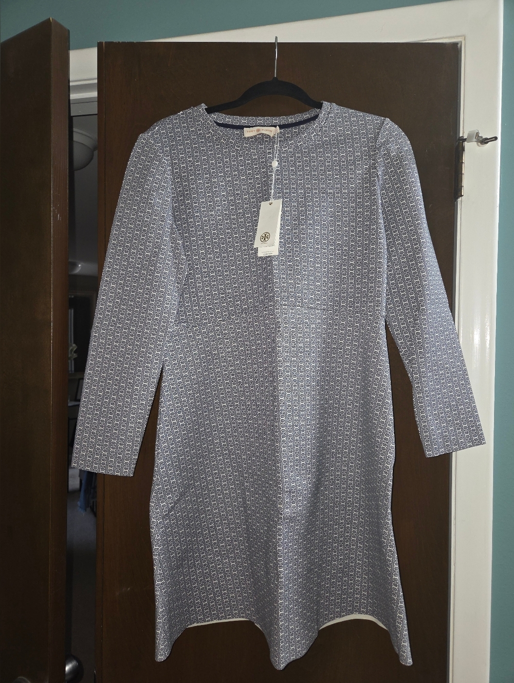 Tory Burch Navy and White Long-Sleeve Printed Shift Dress